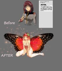 areolae before_and_after butterfly butterfly_wings female gundam gundam_lost_war_chronicles karl98k large_ass large_breasts legwear naked nipples noel_anderson nude nude_female short_hair species_transformation stockings transformation