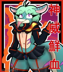 1girls anthro ass blue_body blue_skin digital_media_(artwork) eyebrows_visible_through_hair female fish flat_chest flat_chested green_hair hi_res huge_ass humanoid japanese_text kara_(sleepyinu) kill_la_kill marine matoi_ryuuko_(cosplay) purple_eyes senketsu shark skimpy sleepyinu slightly_chubby solo studio_trigger text thick_thighs thigh_highs thighs tongue tongue_out wide_hips