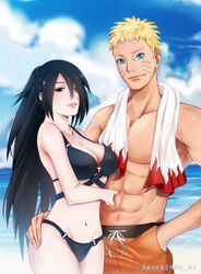 1boy 1girls alternate_hairstyle beach big_breasts bikini black_eyes blue_eyes blush boruto:_naruto_next_generations breasts busty cleavage curvaceous curvy curvy_figure duo female gender_transformation genderswap_(mtf) hand_in_pocket hand_on_ass hand_on_waist heterochromia kzmrn looking_at_viewer male midriff naruto naruto_(series) outdoors pelvic_curtain ponytail posing rinnegan rule_63 sasuke_uchiha sasuko sexy_no_jutsu smile swimsuit tied_hair towel_around_neck uzumaki_naruto very_long_hair wide_hips yellow_hair