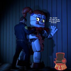 1boy 1girls 3d 3d_(artwork) animatronic baby_(fnafsl) canon_appearance circus_baby circus_baby_(fnaf) circus_baby_(original) female five_nights_at_freddy's five_nights_at_freddy's:_sister_location freddyleo full_color green_eyes heart_eyes male/female nightguard red_hair sex text white_skin