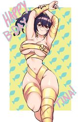 arms_up arms_up_pose brown_eyes glasses hips looking_at_viewer nail_polish naked posing ribbon smile text thighs tina_(tinafate1) void_dot_exe