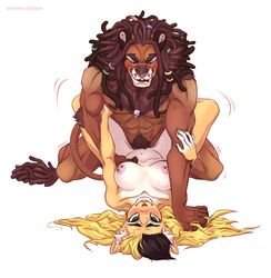 1boy 1girls ambiguous_penetration anthro areolae belly_bulge blonde_hair breasts brown_hair dreadlocks duo erection feline female fur furry furry_only hair lion long_hair lying_on_back male nipples nude penetration pierced_nipples piercing pubic_hair sex skiffkhariben straight tail