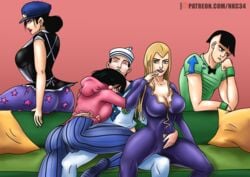 2boys 3girls animal_ears argument ass ass_focus big_ass breasts comic couch female female_focus grabbing group higashikata_daiya higashikata_hato jojo's_bizarre_adventure jojolion joshu_higashikata josuke_higashikata_(jojolion) kei_nijimura laying_on_stomach looking_at_viewer looking_back maid nutkingcall photo posing presenting sailor_uniform sitting sitting_on_lap