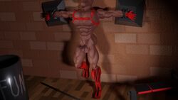 16:9 3d_(artwork) abs anthro balls barrel bench biceps big_muscles bondage bondage bound bovid bovine brick_wall clothed clothing digital_media_(artwork) faceless_character faceless_male facial_hair footwear genitals gloves goatee gym_equipment handcuffed handwear hi_res male male/male mammal manly mindorbody muscular muscular_anthro muscular_male nipples partially_clothed pecs penis quads red_clothing red_footwear red_gloves red_handwear red_harness red_socks socks solo wall_(structure) widescreen wood_floor