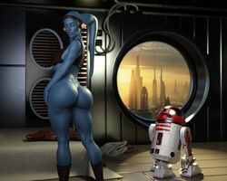 1girls 3d aayla_secura ass astromech_droid attack_of_the_clones big_ass blue_skin bottomless butt coruscant dat_ass drinkerofskies droid female female_only jedi jedi_master presenting presenting_ass rear_view standing star_wars thick_thighs thighs twi'lek