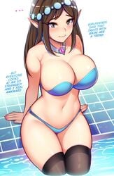 1girls big_breasts bikini blush breasts brown_hair busty curvy cute elf elf_ears english_text female female_only ikkimay large_breasts light-skinned_female light_skin paladins pointy_ears pool solo solo_female tagme text thighs voluptuous ying_(paladins)