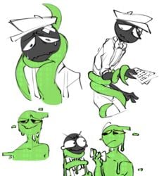 2boys annoyance artist_request black_skin bow_tie entwined fangs gay_domination glitch green_skin hat humanoid male_only molestation numbers_on_body patch simple_background sketch tagme tentacle virus worried