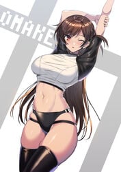 1girls arm_up armpits big_ass big_breasts bikini black_bikini black_legwear brown_hair kanojo_okarishimasu koikawa_minoru mizuhara_chizuru navel one_eye_closed red_eyes skindentation solo swimsuit thick_thighs thighhighs thighs