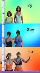 3d 3girls abs ayylagts before_and_after height_chart height_growth lily_(ayylagts) muscle_growth original short_hair size_comparison small_breasts taylor_(ayylagts) zoey_(ayylagts)