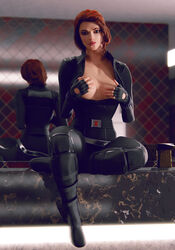 1girls 3d big_breasts black_widow_(marvel) bodysuit breasts busty cleavage el-recondite_(artist) female female_focus female_only hourglass_figure human human_only marvel marvel_comics natasha_romanoff red_hair short_hair solo solo_female tagme unzipped unzipped_bodysuit wide_hips