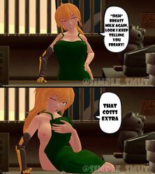 1girls 3d apron blonde_hair breasts clothed clothing dialogue female female_only human iced_latte_with_breast_milk meme mostly_nude nipples red_eyes rwby simple_smut source_filmmaker teasing text text_bubble tongue_out wink yang_xiao_long