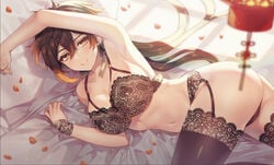 1girls ahoge arm_up armpits ass bangs black_bra black_legwear bra bra_strap breasts brown_hair cleavage commentary_request diamond-shaped_pupils diamond_(shape) earrings female female_only garter_straps genderswap_(mtf) genshin_impact hair_between_eyes jewelry lace_trim lantern large_breasts lingerie long_hair looking_at_viewer lying navel on_bed on_side petals ritsu_(re710pngn) rule_63 smile solo symbol-shaped_pupils tassel tassel_earrings thighs underwear upper_body wrist_cuffs yellow_eyes zhongli_(genshin_impact)