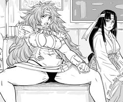 2girls :< anger_vein bb_(baalbuddy) black_and_white female female_only headband hi_res manspreading muscular muscular_female public_transportation queen's_blade risty subway_train tagme tomoe train