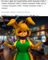 3d bonfie bonfie_(cryptia) bonnie_(cally3d) bonnie_(fnaf) bunny_ears cally3d clazzey coffee cryptiacurves darkytherabbit fazclaire's_nightclub five_nights_at_freddy's fnaf fredina's_nightclub i_mean_breast_milk iced_latte_with_breast_milk meme red_eyes scottgames solo spring_bonnie spring_bonnie_(fnaf) springbonnie_(cally3d) starbucks