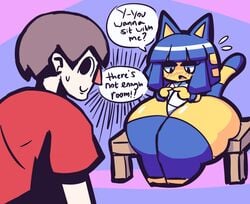 2021 animal_crossing ankha blush catgirl gensin humor hyper_thighs nintendo speech_bubble thick thick_thighs villager_(animal_crossing) voluptuous yellow_body