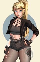 1girls black_lipstick blonde_hair blue_eyes clothing female female_only fingerless_gloves goth goth_girl hi_res high_ponytail jackary_draws long_hair looking_at_viewer makeup metroid nintendo pantyhose ponytail samus_aran solo solo_female tattoo tattoo_on_belly tattoo_on_leg thick_thighs thunder_thighs