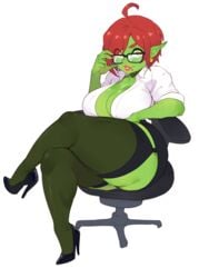 big_breasts cindi_sparxlight_(popupprism) crossed_legs freckles glasses goblin goblin_female heels huge_thighs illboxart inner_sideboob large_breasts looking_at_viewer mole mole_under_mouth office office_lady pink_lipstick pointy_ears red_hair sitting stockings tagme thick_thighs transparent_background yellow_eyes