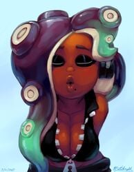 beauty_mark bending_over big_breasts big_lips cleavage closed_eyes dark-skinned_female dark_skin eyeshadow huge_breasts incoming_kiss kissing kissy_face marina_(splatoon) mataknight octoling outta_sync puckered_lips solo splatoon splatoon_2 waiting wholesome zipper