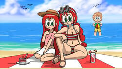 1boy 2girls 2girls1boy age_difference alicia_(writers_crusaders) alicia_strawberry_thomson amy_(writers_crusaders) amy_strawberry_thomson bare_shoulders beach beach_ball beach_towel belly belly_button bikini bird blonde_hair blue_eyes blue_sky blush boobs breast british cake cake_slice cameltoe cloud cocktail_umbrella cute day drinking_glass facing_viewer female flat_chest flip-flops freckles freckles_on_breasts full_body glasses glasses_on_head green_eyes knee_up long_hair male medium_breasts midriff miniskirt ocean orange_hair outdoors red_bikini red_hair sandals saucer shorts sisters sitting smile straw_hat strawberry striped_bikini sunglasses sunglasses_on_forehead sunglasses_on_head swim_trunks swimming_trunks swimsuit teucer_(writers_crusaders) teucer_peanut_audrey texas thick_thighs thighs twin_braids utensil very_long_hair wading wariza wcjuan white-framed_eyewear white_skirt writers_crusaders yellow_swimwear