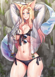 1girls abs ahri animal_ears aqua_eyes armpits arms_behind_head arms_up bangs bikini black_bikini blonde_hair blush breasts cleavage collarbone commentary cowboy_shot eyewear_removed facial_mark fox_ears fox_tail front-tie_bikini front-tie_top gonster gradient_hair groin hair_ornament hairclip highres k/da_ahri k/da_series large_breasts league_of_legends long_hair long_sleeves midriff multicolored_hair navel parted_bangs purple_hair see-through sheer_clothes side-tie_bikini sidelocks skindentation smile solo standing sunglasses swimsuit tail underboob wet whisker_markings