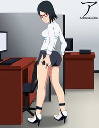 1girls aged_up arekusanderu ass big_ass black_eyes black_hair boruto:_naruto_next_generations chair computer dat_ass desk female female_only footwear from_behind full_body fully_clothed glasses heels long_hair looking_at_viewer looking_back naruto naruto_(series) no_panties office office_lady presenting presenting_ass round_ass sarada_uchiha shirt shounen_jump skirt smile solo solo_focus standing