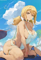 1girls absurd_res areola_slip areolae artist_name artist_signature beach beach_towel beach_umbrella big_breasts bikini bikini_bottom bikini_top bikini_top_removed bird blonde_hair blue_bikini blue_sky body_markings breasts brown_eyes choker cutesexyrobutts detached_sleeves detailed_background edit eyelashes fairy_tail female female_focus female_only front_view hi_res kneeling large_breasts legs_spread legwear light-skinned_female light_skin looking_at_viewer loose_clothes lucy_heartfilia medium_hair nipple_bulge nipples nipples_visible_through_clothing nude nude_female outdoors partially_clothed partially_nude revealing_clothes see-through see-through_clothing sitting smile swimsuit thick_thighs thigh_strap thighs thin_waist twintails upscaled very_high_resolution watermark white_shirt wide_hips