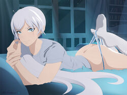 1girls ass ass_cleavage background blue_eyes blue_panties butt_crack earrings indoors looking_at_viewer necromalock night no_shoes panties panty_lift ponytail rooster_teeth rwby smirk solo_female stockings tagme teasing the_pose underwear wedgie weiss_schnee white_hair white_socks