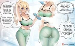 1girls 99illust ass big_ass big_breasts big_butt blonde_hair blue_eyes blush breasts dialogue eye_contact female genshin_impact jean_gunnhildr large_breasts leggings looking_at_viewer pantylines speech_bubble sweat text thick_ass thick_thighs thighs yoga_pants