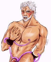 1boy blush dilf funky_(artist) hermit_purple joestar_birthmark jojo's_bizarre_adventure joseph_joestar male male_nipples male_only muscular_male nude nude_male old_joseph older_male one_eye_closed penis pubic_hair solo solo_male stand_(jjba) stardust_crusaders veiny_hands white_background