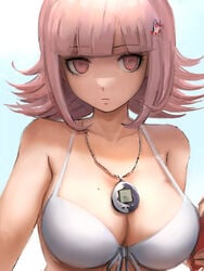 1girls big_breasts bikini bikini_top breasts cleavage close-up danganronpa danganronpa_2:_goodbye_despair danganronpa_s:_ultimate_summer_camp female female_only front-tie_bikini front-tie_top front_view hair_ornament human human_only large_breasts light-skinned_female light_skin looking_away looking_to_the_side mole_on_breast nanami_chiaki qosic soft soft_breasts solo solo_female straight_hair super_danganronpa_2 swimsuit upper_body white_bikini white_bikini_top white_swimsuit