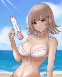 1girls adorable bangs bare_arms bare_midriff bare_shoulders beach belly big_breasts bikini bikini_top blue_sky breasts busty cleavage close-up cute cute_but_busty danganronpa danganronpa_2:_goodbye_despair danganronpa_3 danganronpa_s:_ultimate_summer_camp female female_only frills front-tie_bikini front-tie_top front_view hair_ornament hourglass_figure huge_breasts human human_only large_breasts light-skinned_female light_skin looking_at_viewer midriff nanami_chiaki navel ocean red_eyes sea seaside short_hair shortstack sky smile smiling smiling_at_viewer soft soft_breasts solo solo_female stomach straight_hair sunny super_danganronpa_2 swimsuit upper_body voluptuous voluptuous_female water wet white_bikini white_bikini_top white_swimsuit wholesome