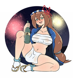 1girls breasts brown_hair female female_focus female_only fireworks fundoshi green_eyes happi hyoumaru iris_(mega_man) light-skinned_female loincloth long_hair mega_man mega_man_x mega_man_x_dive open_mouth solo solo_female sweat thighs yamakasa