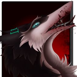 1:1 2-dimensional-same anthro black_body black_fur blood blood_drip blood_on_face blood_on_mouth blood_on_teeth blood_on_tongue blood_string bodily_fluids diesis_schmitt fur green_eyes green_markings grin hi_res looking_at_viewer markings sergal side_view smile solo white_body white_fur