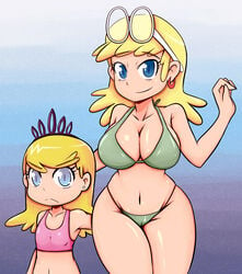 bikini blonde_hair blue_eyes earrings glasses glasses_on_head leni_loud lola_loud okappa smiling_at_viewer swimsuit the_loud_house tiara visible_pussy wide_hips