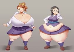 2girls barbara_parker bottom_heavy brown_hair cleavage enormous_breasts fat hanna_england hyper hyper_breasts hyper_hips hyper_thighs large_breasts little_witch_academia miniskirt muffin_top obese school_uniform seatbeltdraws shirt shoes socks thick_thighs vest wide_hips