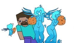 1girls allay_(minecraft) blue_hair blue_skin boobs casual_nudity chocolate_chip_cookie cookie cute light_blue_hair minecraft mob_face mob_vote spicerice steve_(minecraft) wings