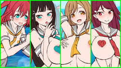 4girls alternate_breast_size big_breasts cilica cropped exposed_breasts female female_only huge_breasts kunikida_hanamaru kurosawa_dia kurosawa_ruby large_breasts love_live! love_live!_sunshine!! mostly_clothed multiple_girls nipple_bulge nipple_pasties nipples preview reverse_bunnysuit reverse_outfit sakurauchi_riko sample sketch tagme