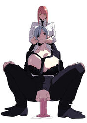 2girls big_breasts bra braided_hair brainwashing breasts censored chainsaw_man clothed dildo dildo_in_pussy dildo_sitting eye_patch female formal formal_attire formal_clothes formal_wear fully_clothed girl_in_suit grey_hair huge_breasts image large_breasts long_hair makima_(chainsaw_man) mosaic_censoring necktie pobotto quanxi_(chainsaw_man) red_hair sex_toy smile squatting suit_and_tie thighs woman_in_suit yellow_eyes