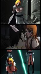 arrancar big_breast bleach breast breasts clothing crying curvy doujin exposed eyes female hair inoue_orihime intimate monster nipples oldhorrorz open orange ripped tail tail_grab ulquiorra_cifer