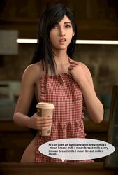 1girls 3d alternate_version_available apron black_hair blender female female_only final_fantasy final_fantasy_vii final_fantasy_vii_remake iced_latte_with_breast_milk lewdineer light-skinned_female looking_at_viewer meme pinup red_eyes sideboob solo square_enix starbucks text tifa_lockhart