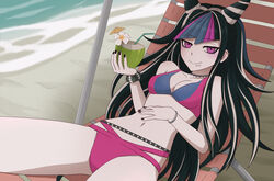 1girls beach beach_chair belly bikini bikini_bottom bikini_top black_nail_polish black_nails breasts choker cleavage cocktail cocktail_umbrella danganronpa danganronpa_2:_goodbye_despair danganronpa_s:_ultimate_summer_camp drink female female_only human human_only light-skinned_female light_skin lying lying_down lying_on_back lying_on_chair mioda_ibuki multicolored_bikini multicolored_hair multicolored_swimsuit navel ocean piercing piercings pink_eyes relaxing sea seaside seductive seductive_eyes seductive_look seductive_smile small_breasts smile smiling smooth_skin solo solo_female stomach super_danganronpa_2 swimsuit water