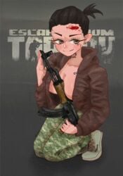 ak47 camouflage_pants escape_from_tarkov female female_focus female_only gun heart-shaped_pupils piercing reshala_(escape_from_tarkov) solo solo_female solo_focus tagme