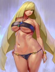 alternate_breast_size ass beach bikini blonde_hair bracelet breasts curvaceous female female_only green_eyes huge_ass jewelry kazo large_breasts lusamine_(pokemon) midriff milf necklace nintendo open_mouth outdoors pokemon pokemon_sm swimsuit thong underboob very_long_hair wide_hips