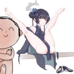 1boy ^_^ ass bare_shoulders barefoot black_hair blue_archive blue_eyes blush breasts cameltoe china_dress chinese_clothes closed_eyes coat covered_nipples doodle_sensei_(blue_archive) dress erection female genryumon_(blue_archive) hair_bun hair_ornament halo high_heels highres kisaki_(blue_archive) long_hair looking_at_viewer off_shoulder parted_lips pelvic_curtain penis ro_(aahnn) sensei_(blue_archive) shanhaijing_secondary_school_student shoes shoes_removed single_hair_bun sitting smile spread_legs twintails young