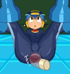 a- anal_sex brown_hair bulge flat_chest gay green_eyes helmet legs_up male male_only mega_man mega_man_battle_network megaman.exe open_mouth skin_tight yaoi