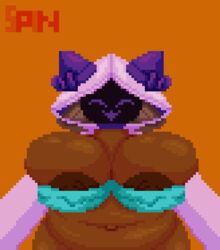 2021 2d 2d_animation animated belly big_belly big_breasts black_face blazblue bouncing_belly bouncing_breasts brown_hair chubby covered_nipples cropped_legs dark-skinned_female dark_nipples dark_skin feline feline_humanoid female female_focus female_only gif hoodie humanoid kaka_(blazblue) large_areolae large_breasts lowres minakaka_(spinneborg) nipple_bulge nipples oc original original_character panties pixel_animation pixel_art shiny_skin smile smiling solo solo_female solo_focus spinneborg watermark