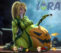 2girls belly_button big_ass big_breasts blonde_hair blue_eyes blush burping_up_items crossover gloves halloween high_heels jorabora latex_suit lipstick mario_(series) metroid paint paintbrush ponytail post_vore princess_peach pumpkin pumpkin_belly samus_aran signature stomach_bulge super_smash_bros. tagme vore watermark zero_suit