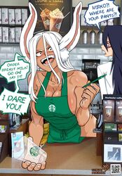 apron apron_only big_breasts black_hair breasts busty cleavage dark-skinned_female dark_skin hourglass_figure iced_latte_with_breast_milk light-skinned_female light_skin long_hair meme midnight_(my_hero_academia) miruko moekaki my_hero_academia naked_apron nemuri_kayama rabbit_ears rumi_usagiyama speech_bubble tagme waitress waitress_uniform white_hair wide_hips