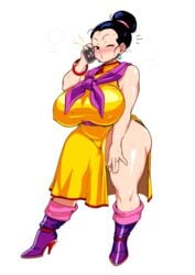 2021 black_hair blush bracelet breasts breasts_bigger_than_head bunkwizard cheating cheating_wife chichi dragon_ball dragon_ball_z dress ear_piercing earrings fully_clothed hair_bun high_heels horny huge_breasts implied_cheating kissy_face light-skinned_female light_skin lips lipstick milf nail_polish nipple_bulge nipples no_irises phone pink_nails public qipao red_bracelet ring scarf simple_background sleeveless smartphone sweaty talking_on_phone thick_thighs thighs tight_clothing venus_body voluptuous wedding_ring wide_hips wink winking_at_viewer