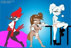 anthro areola ass bedroom_eyes breasts cartoon_network clothed clothing cloudy_jay eileen_roberts female female_only genitals group hi_res humanoid margaret_smith_(regular_show) monkeycheese narrowed_eyes nipples pose pussy regular_show seductive topless trio